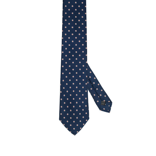 Dark Blue 100% Italian Silk Tie With Micro Floral Rosette Pattern