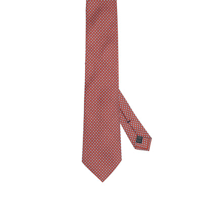 Rust Red 100% Italian Silk Tie With Blue Micro Geometric Blue Pattern
