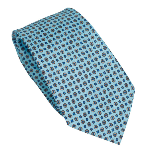 Light Blue 100% Italian Silk Tie With Micro Floral Rosette Pattern