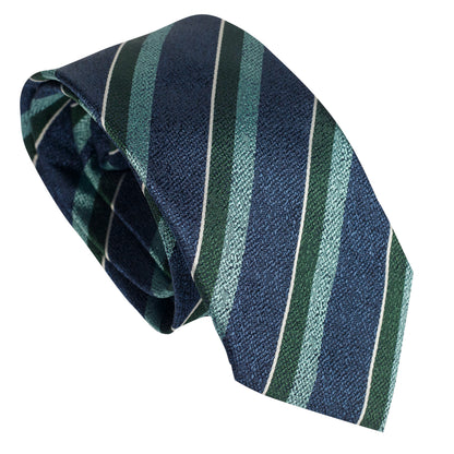 Navy 100% Italian Silk Tie With Green Regimental Stripes