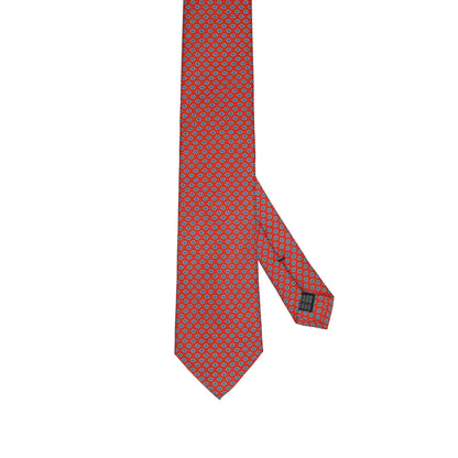 Deep Red 100% Italian Silk Tie With Blue Micro Floral Square Pattern