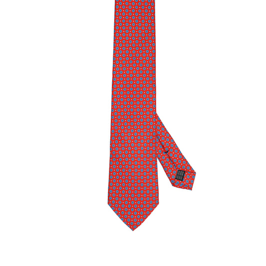 Bright Red 100% Italian Silk Tie With Blue & Ivory Pattern