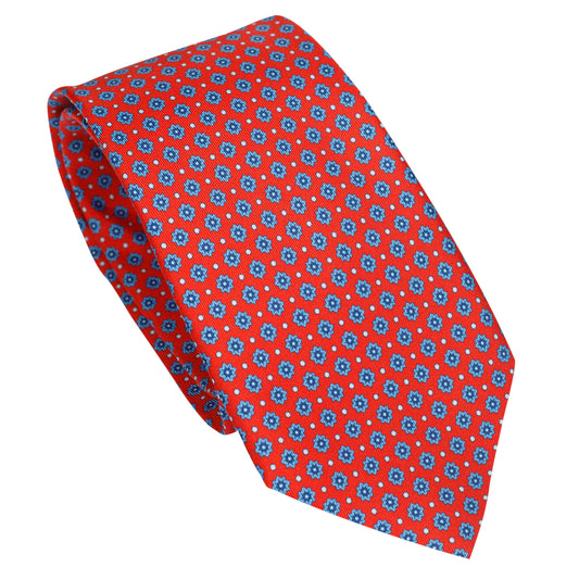Bright Red 100% Italian Silk Tie With Blue & Ivory Pattern