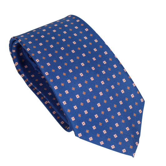 Royal Blue 100% Italian Silk Tie With Geometric Pink Square Pattern