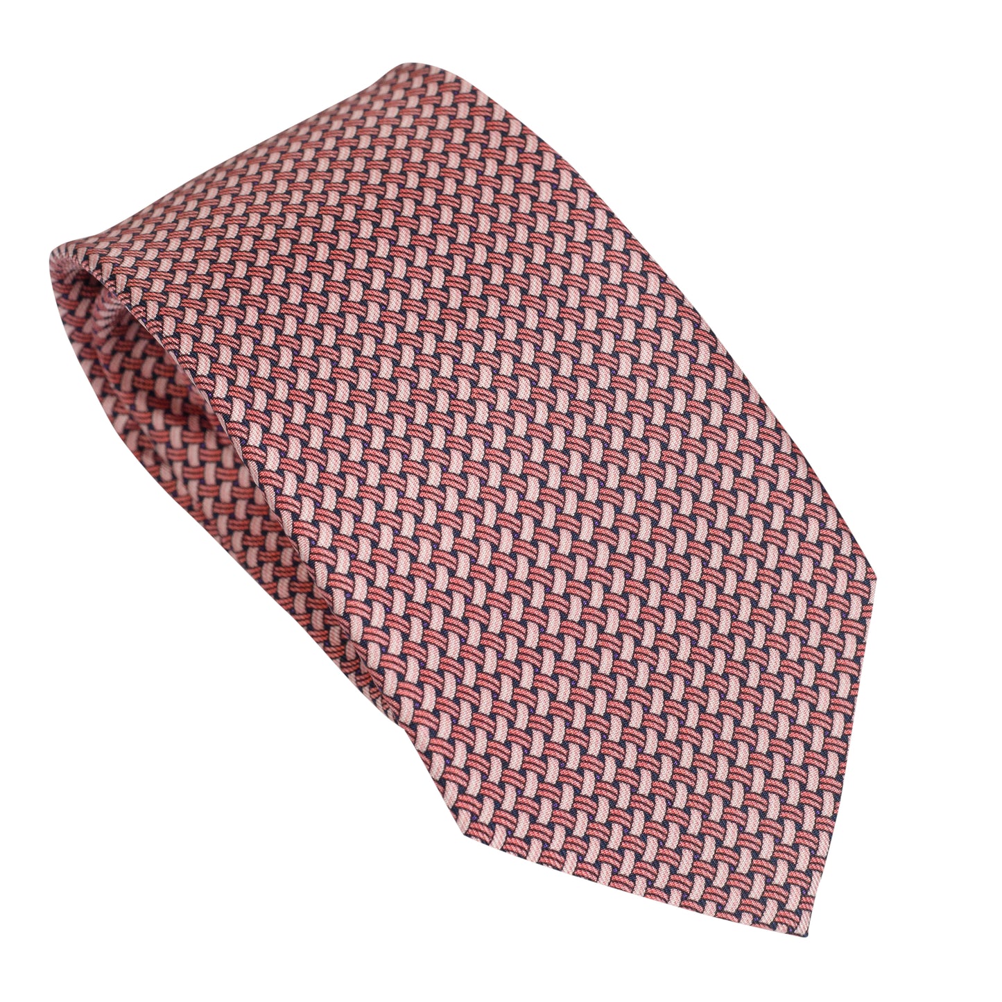 Warm Red Pure 100% Italian Silk Tie with Micro Geometric Interlaced Pattern