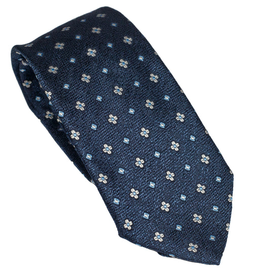 Midnight Blue 100% Italian Silk Tie With Micro Blue Floral Pattern