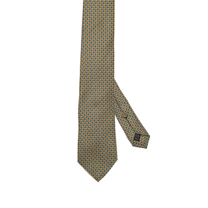 Burnt Yellow 100% Italian Silk Tie with Contrasting Teal Micro Geometric Pattern