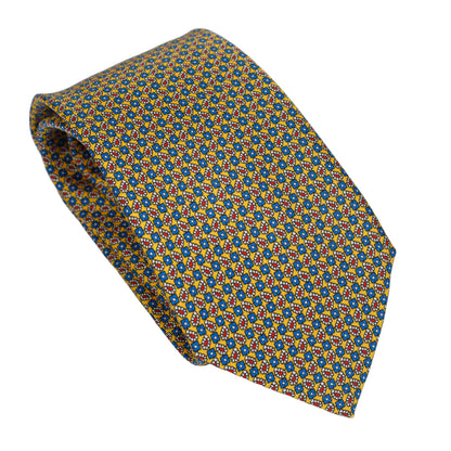 Burnt Yellow 100% Italian Silk Tie with Contrasting Teal Micro Geometric Pattern