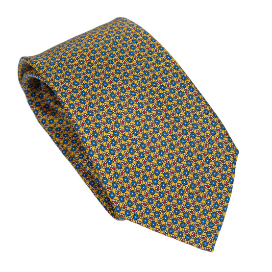Burnt Yellow 100% Italian Silk Tie with Contrasting Teal Micro Geometric Pattern