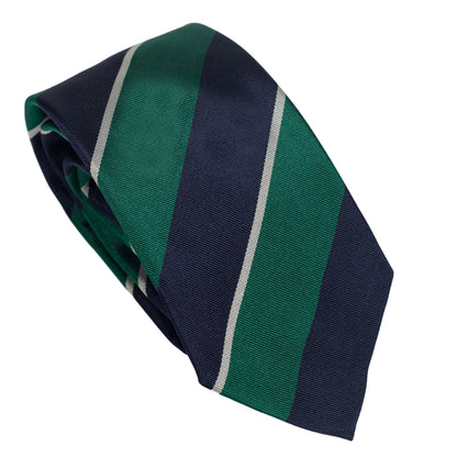 Green 100% Italian Silk Tie With Navy Blue Regimental Stripes