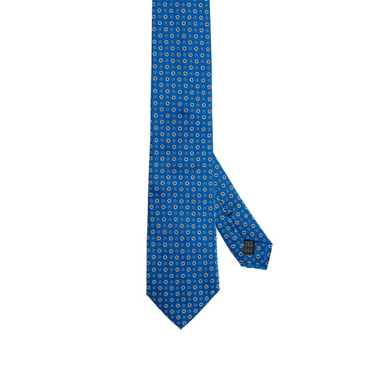 Bright Blue 100% Italian Silk Tie With Micro White Floral Pattern
