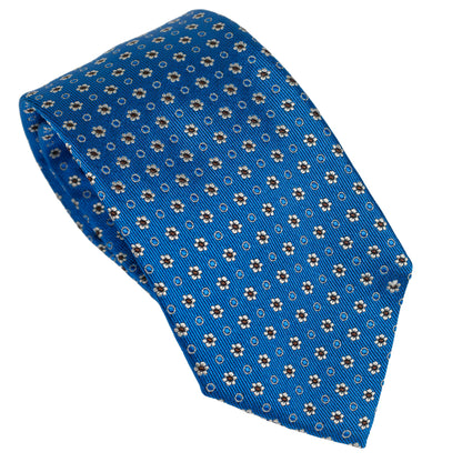 Bright Blue 100% Italian Silk Tie With Micro White Floral Pattern