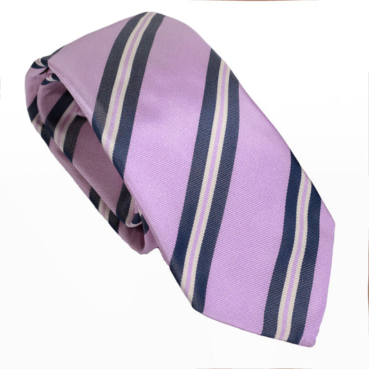 Lilac 100% Italian Silk Tie With Blue Regimental Stripes