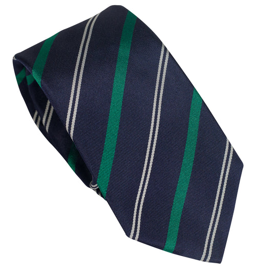 Navy Blue 100% Italian Silk Tie With Green Regimental Stripes