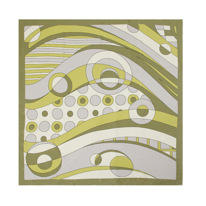 Olive Green 1960s Swirls Silk Scarf