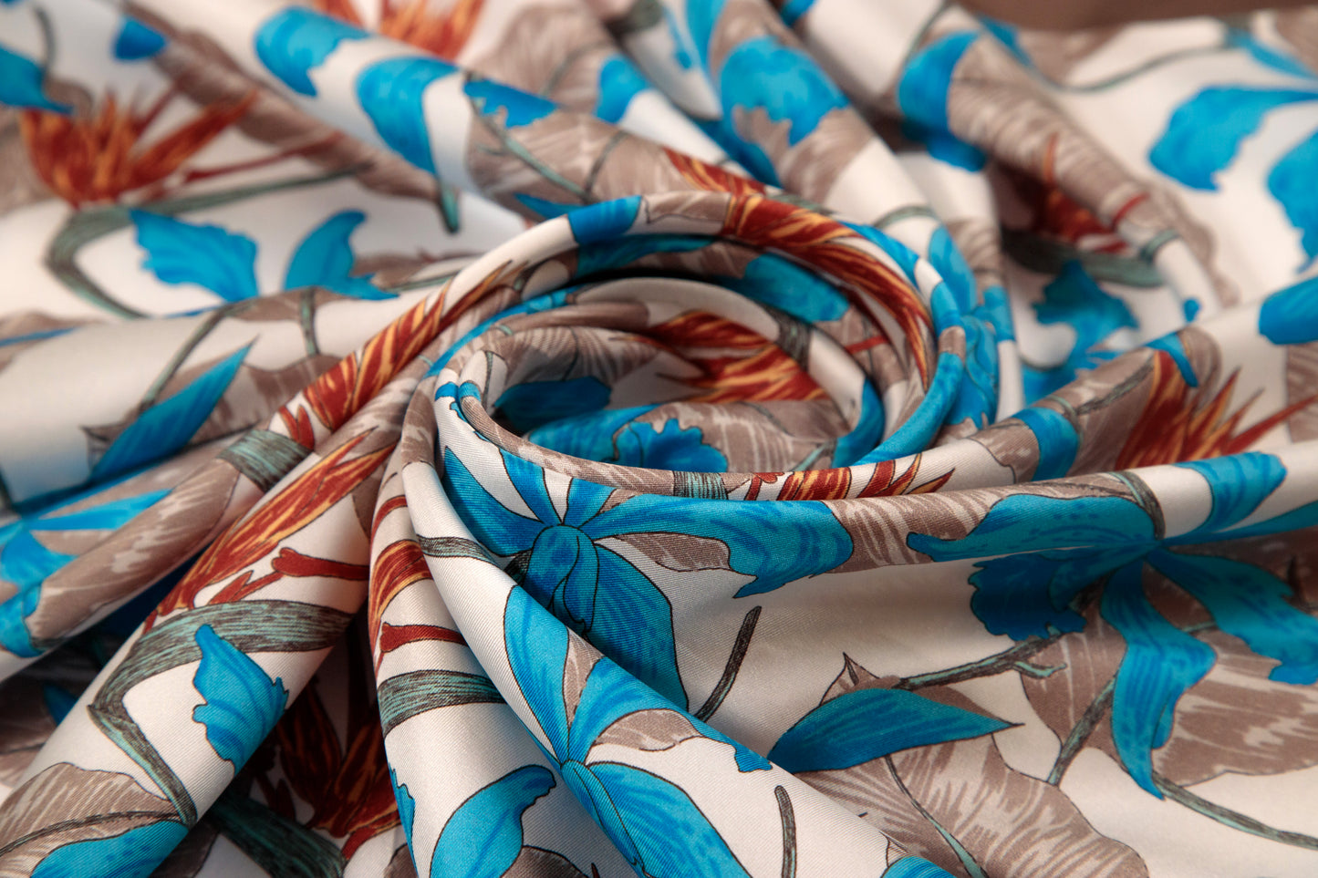 Brown and Blue Embroidered Tropical Silk Scarf