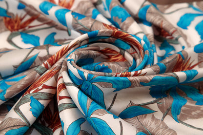 Brown and Blue Embroidered Tropical Silk Scarf